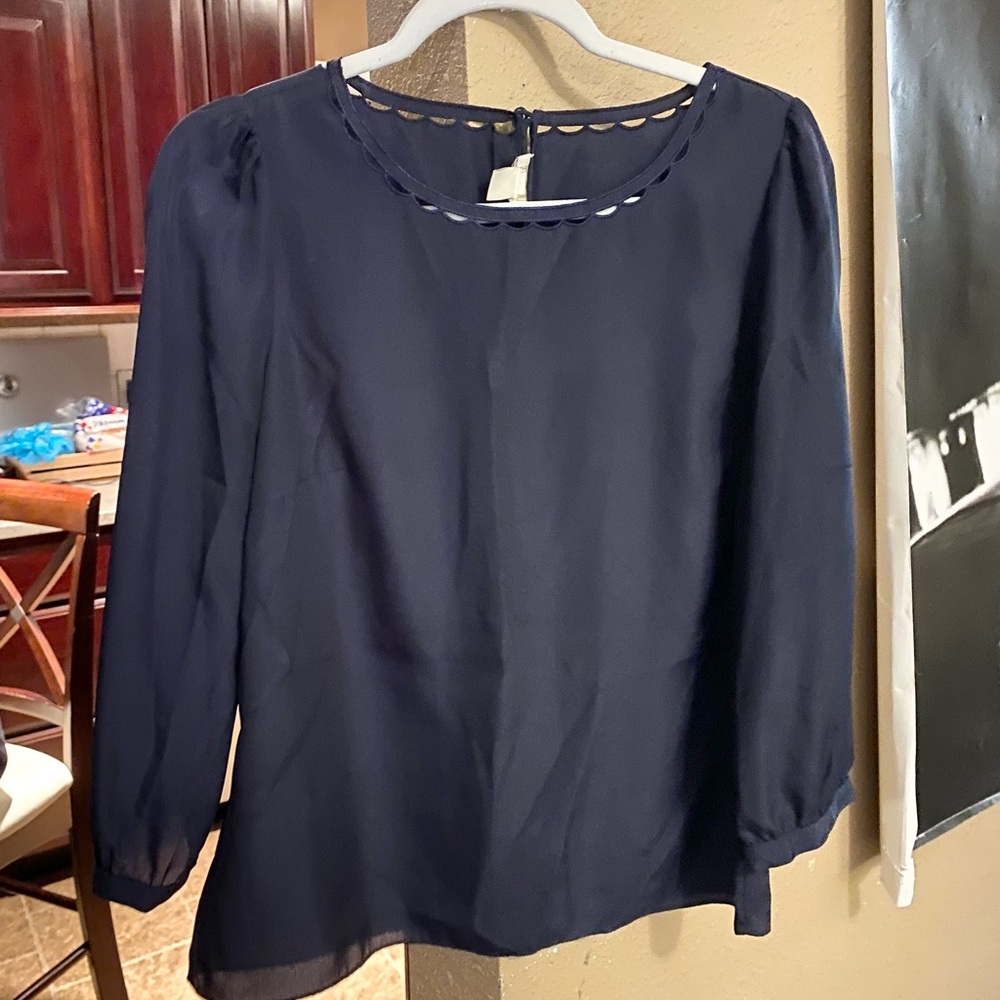 J Crew Navy Scalloped Blouse